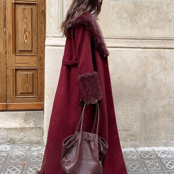 Burgundy Elegant Women's Faux Fur Collar Design Long Belted Coat - Picture 6 of 7